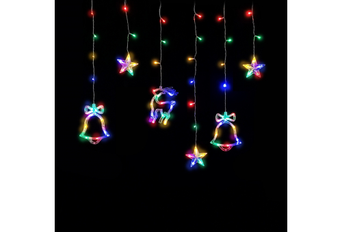Entac Karácsonyi Függöny IP44 Színes 135 LED 12db Dísz Csengő és Rénszarvas 8F + időzítő 3x0,7m IR távirányítóval