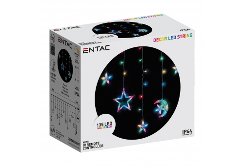 Entac Christmas Curtain Light IP44 Multicolor135 LED 12 Strings of Stars and Moons + 8F Timer 3x0,7m with IR Remote