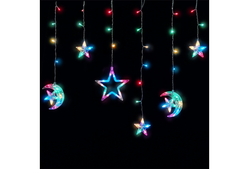 Entac Karácsonyi Függöny IP44 Színes 135 LED 12db Dísz Csillag és Hold 8F + időzítő 3x0,7m IR távirányítóval