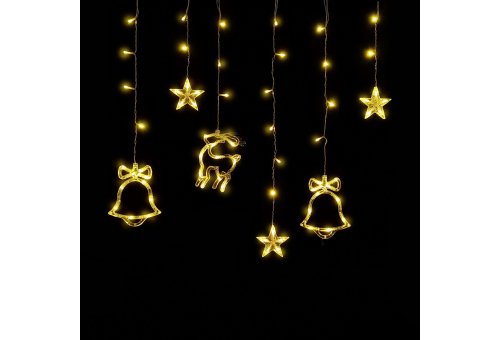 Entac Karácsonyi Függöny IP44 WW 135 LED 12db Dísz Csengő és Rénszarvas 8F + időzítő 3x0,7m IR távirányítóval