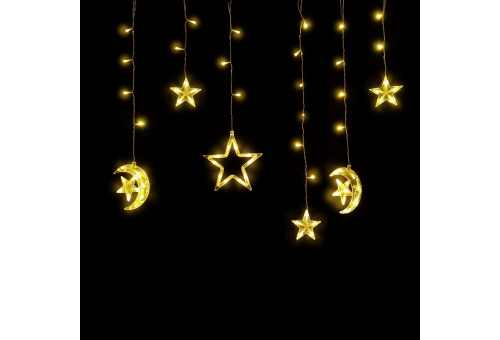 Entac Karácsonyi Függöny IP44 WW 135 LED 12db Dísz Csillag és Hold 8F + időzítő 3x0,7m IR távirányítóval