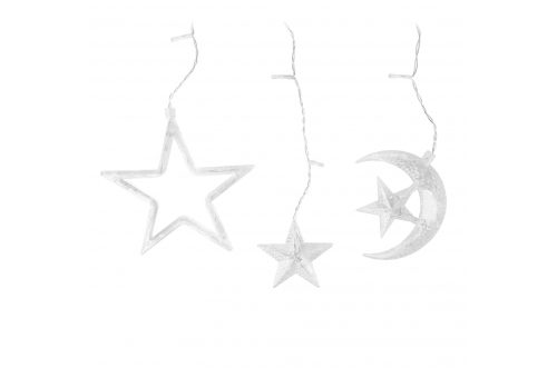 Entac Karácsonyi Függöny IP44 WW 135 LED 12db Dísz Csillag és Hold 8F + időzítő 3x0,7m IR távirányítóval