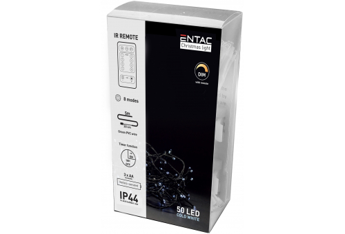 Karácsonyi IP44 Fényfüzér 50 LED CW 5m IR Távirányítóval (3AA nt.)