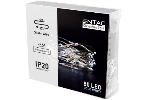 Christmas Indoor Silver Wire 80 LED Light CW 4,1m (3AA excl.)