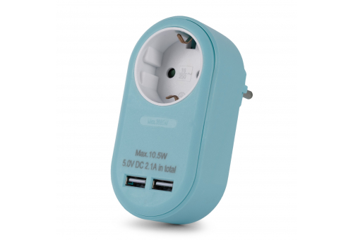 Power Adapter 1 Grounded Socket and 2 USB (total 2.1A) Blue