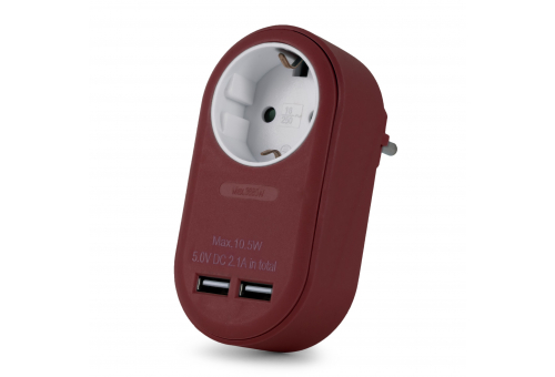 Hálózati Adapter 1 Földelt Aljzat és 2 USB (össz. 2.1A) Burgundi vörös