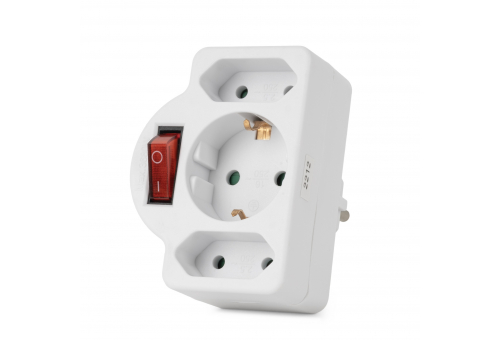 Power Adapter 3 Sockets (1 Earthed, 2 Euro) with Switch
